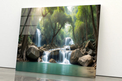 Waterfall in a Forest Acrylic Glass Print Tempered Glass Wall Art 100% Made in Australia Ready to Hang - Bella Home Decor