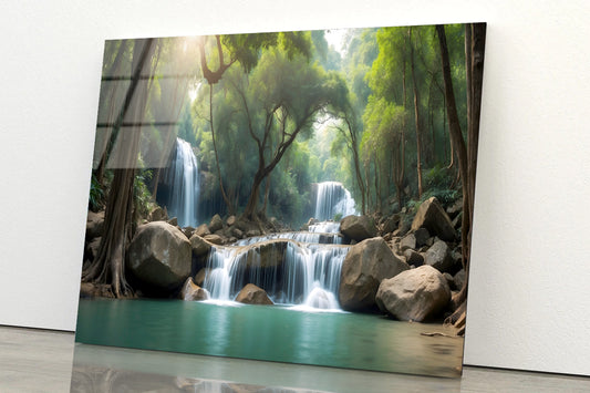 Waterfall in a Forest Acrylic Glass Print Tempered Glass Wall Art 100% Made in Australia Ready to Hang - Bella Home Decor
