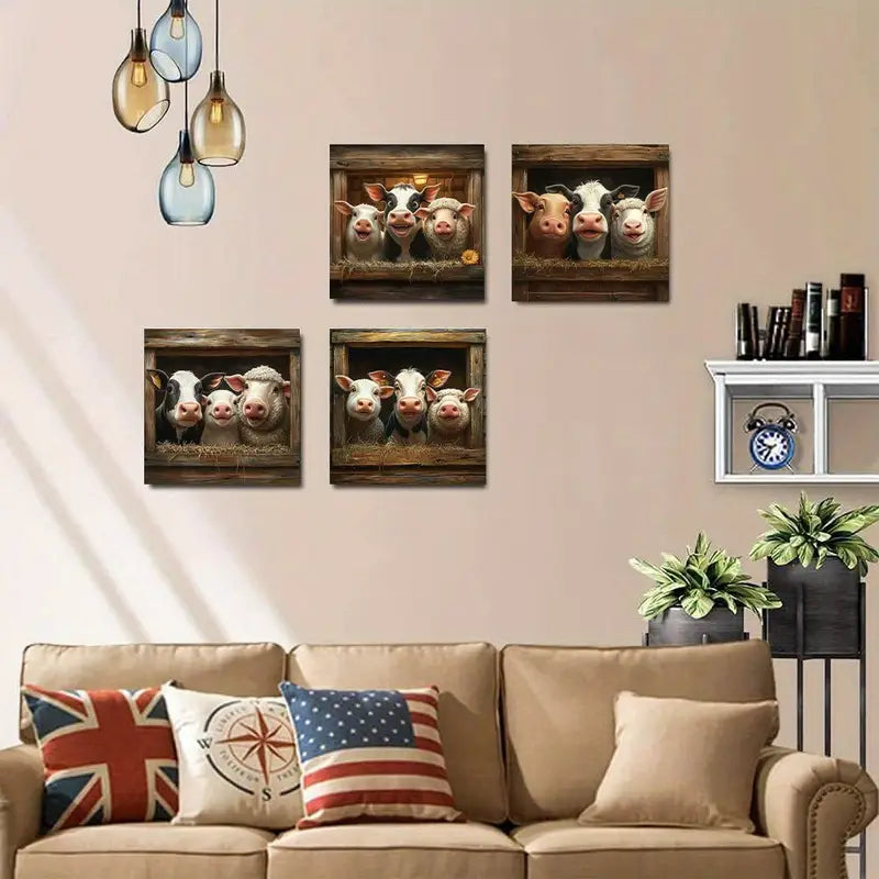 4pcs Rustic Farm Animals  Classic Retro RAR Wall Art Canvas Framed