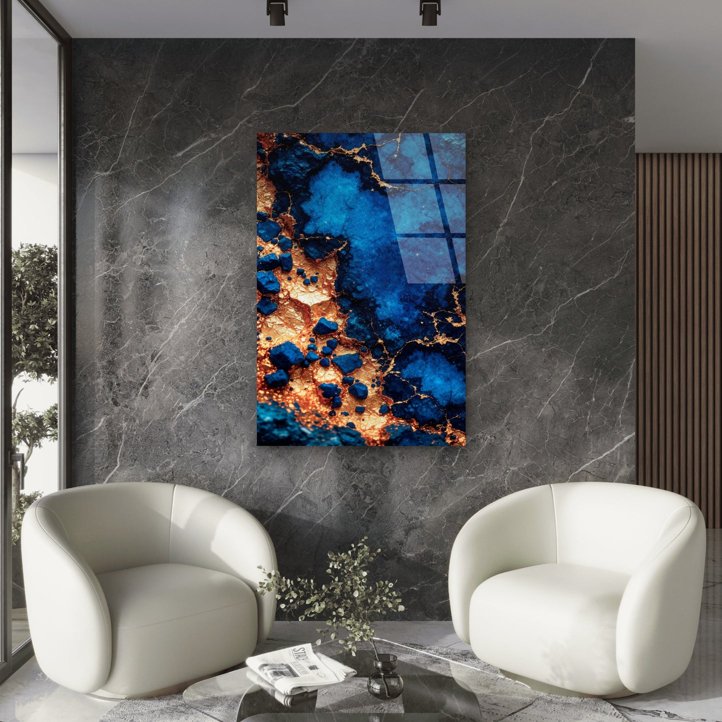 Cobalt Blue Gold Abstract Acrylic Glass Printing Wall Art Australian Made Quality