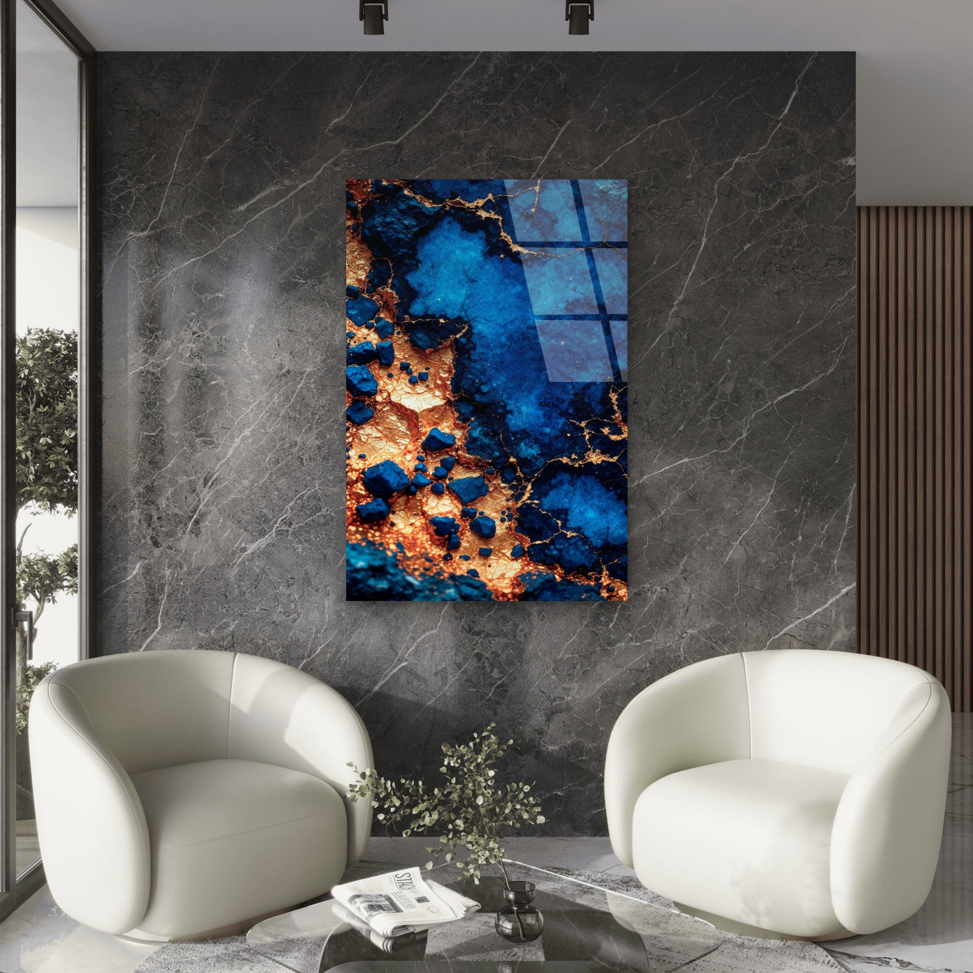 Cobalt Blue Gold Abstract Acrylic Glass Printing Wall Art Australian Made Quality