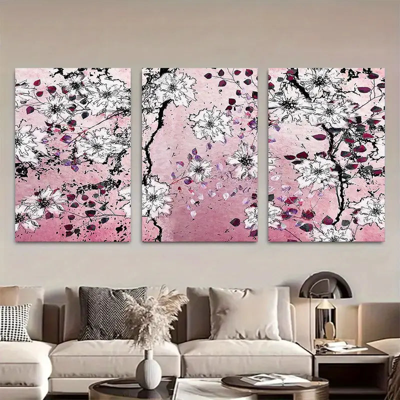 3pcs Pink Floral Wall Art With Black Branches Metal Print Ready to Hang Art