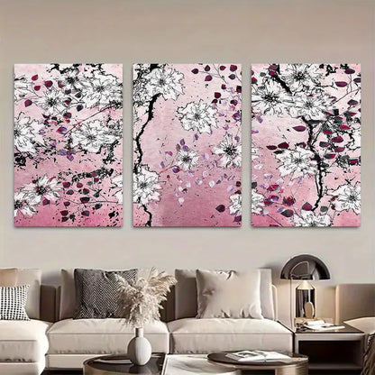 3pcs Pink Floral Wall Art With Black Branches Metal Print Ready to Hang Art