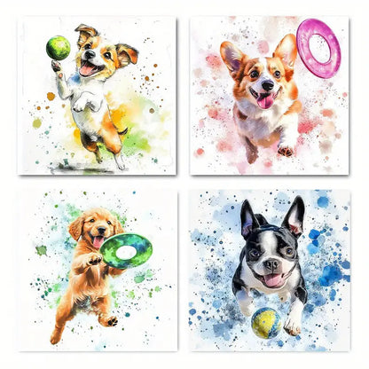 4pcs  Playful Dog Scenes, Readytohan  Wall Art Canvas Framed