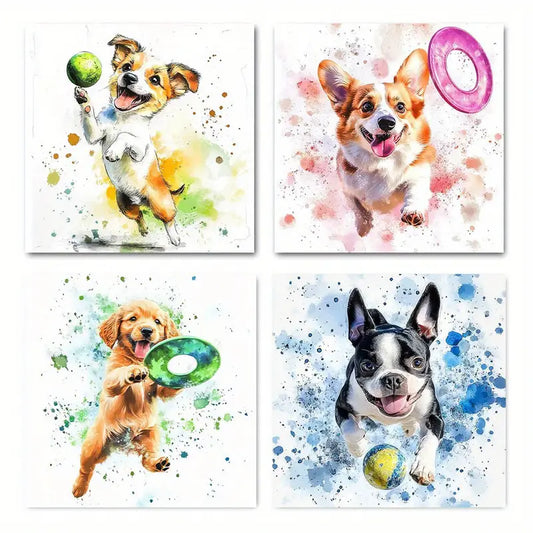 4pcs  Playful Dog Scenes, Readytohan  Wall Art Canvas Framed