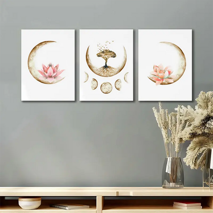 3pcs Boho Moon Tree Of Life Artwork, Metal Print Ready to Hang Art - Bella Home Decor