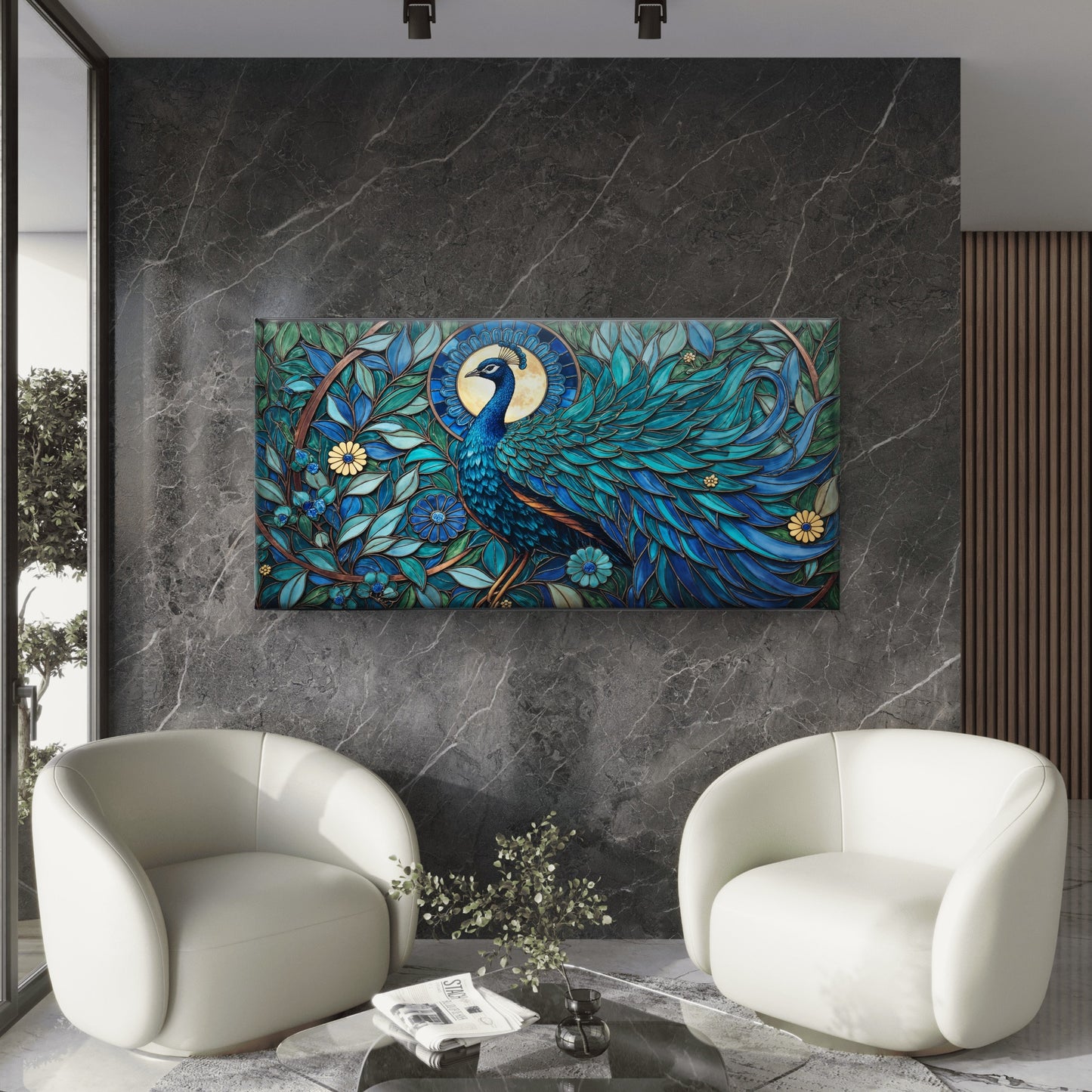 Majestic Peacock Stained Glass Wall Art Canvas Office Home Room Framed 120x60cm