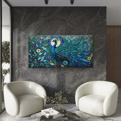 Majestic Peacock Stained Glass Wall Art Canvas Office Home Room Framed 120x60cm