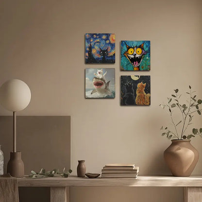 4pcs Whimsical Orange Tabby Cat With Starry Nigh Wall Art Canvas Framed