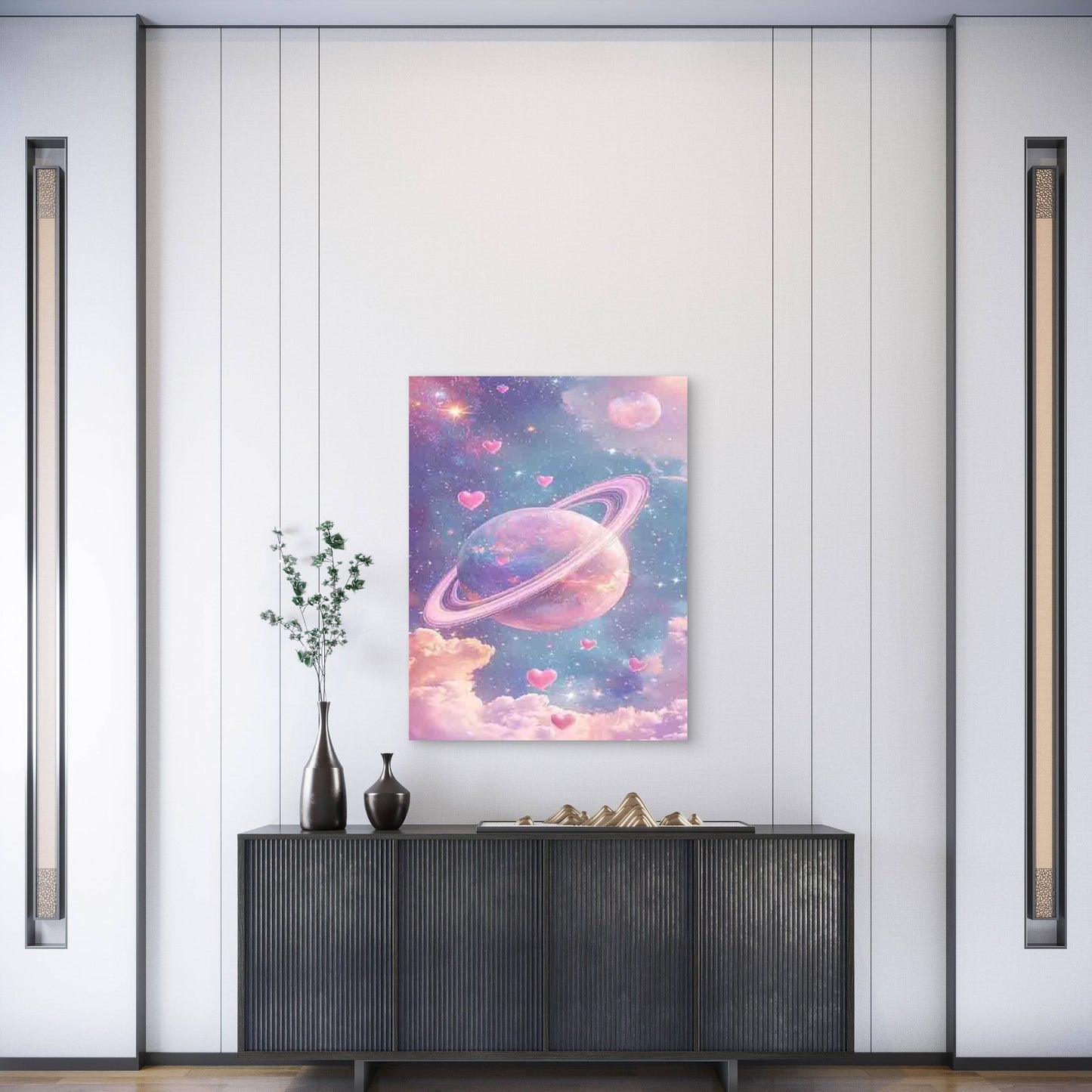 Cosmic Planets And Pink Romantic Clouds Metal Print Ready to Hang - Bella Home Decor