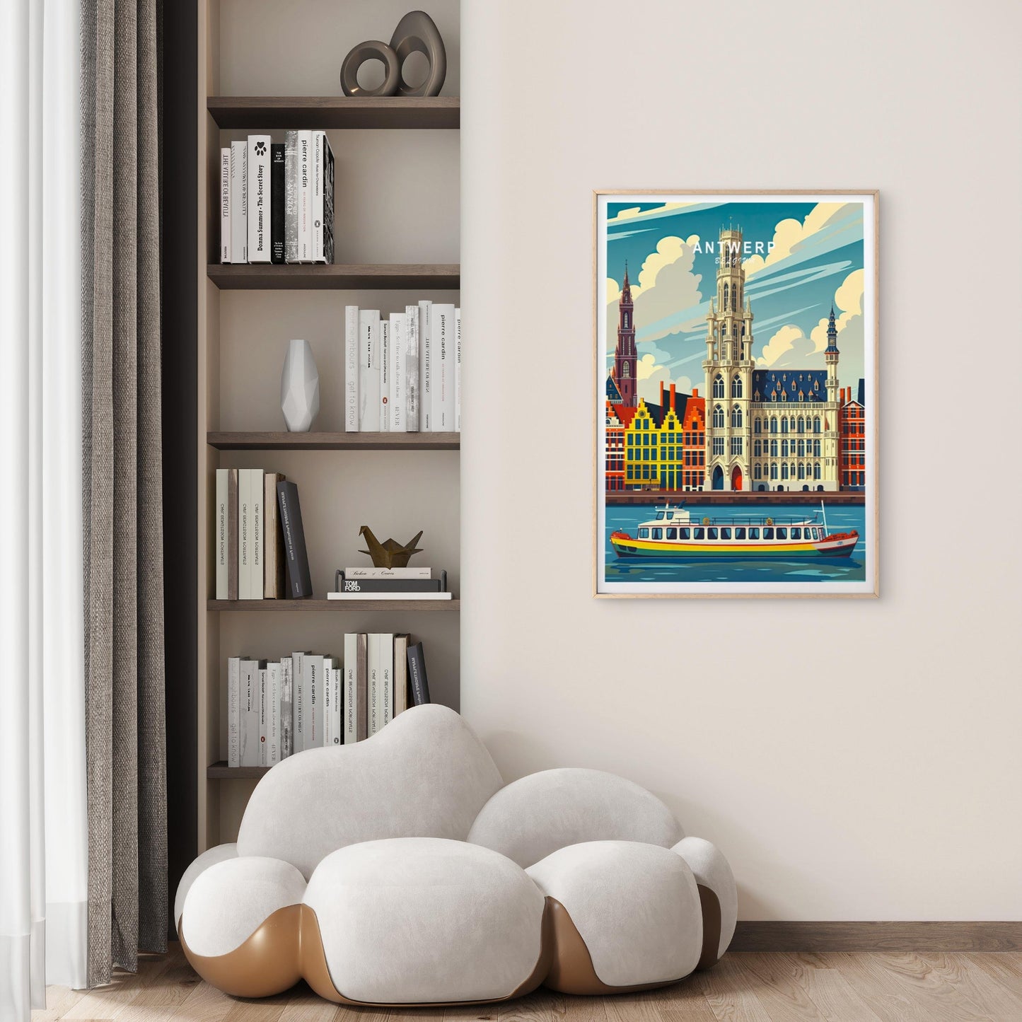 Antwerp Belgium, Budlings & Boats in Sea Vintage Travel Poster Print Wall Art