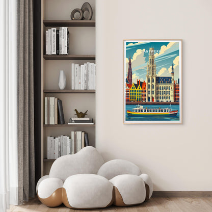 Antwerp Belgium, Budlings & Boats in Sea Vintage Travel Poster Print Wall Art