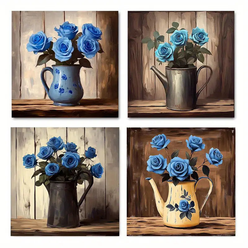 4pcs  Rustic Blue Roses Canvas Wall Art Canvas Framed