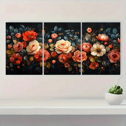 3pcs Elegant Dark Floral Decor Metal Print Ready to Hang Art