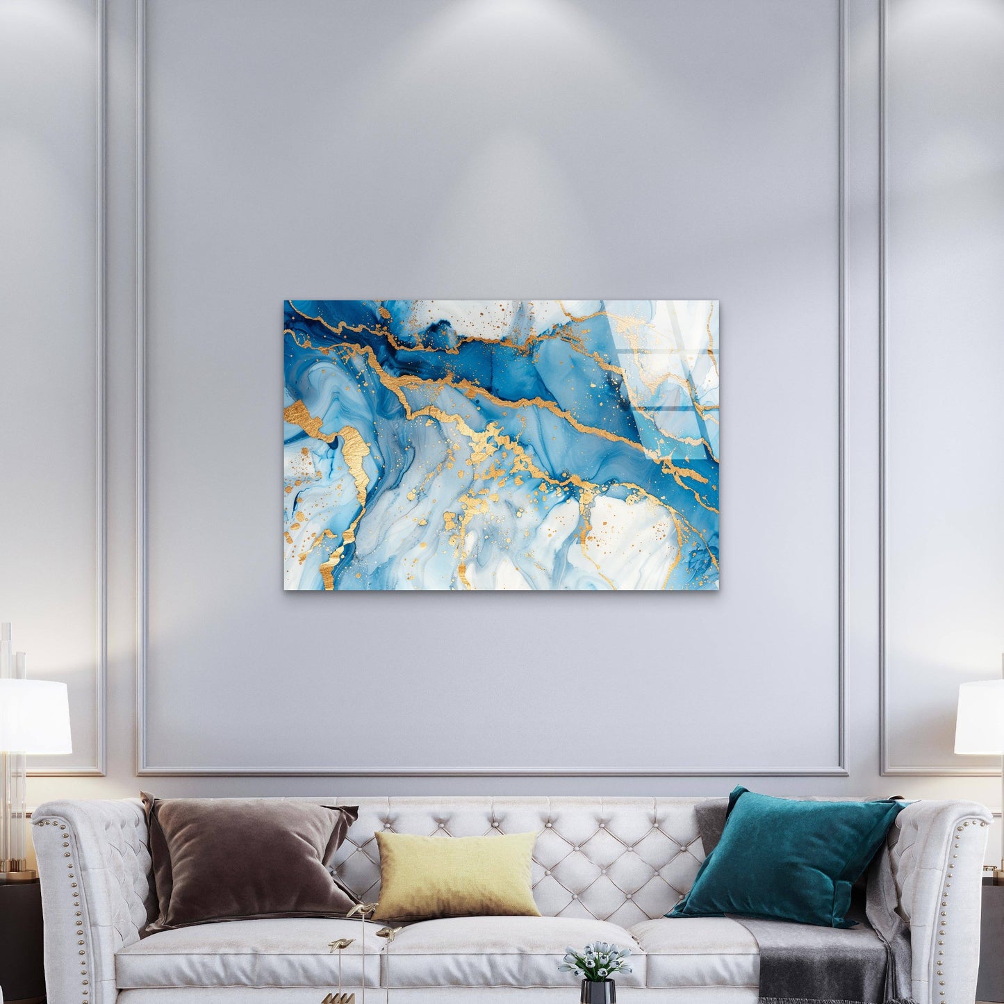 Blue Fluid Art Gold Vein Glass Printing Wall Art Australian Made Quality