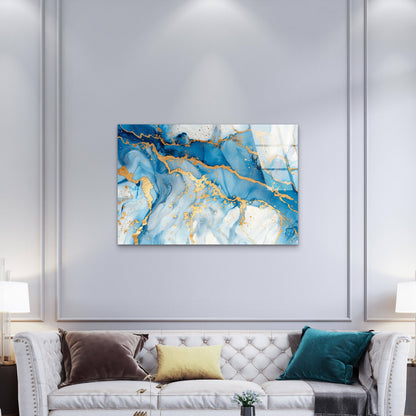 Blue Fluid Art Gold Vein Glass Printing Wall Art Australian Made Quality