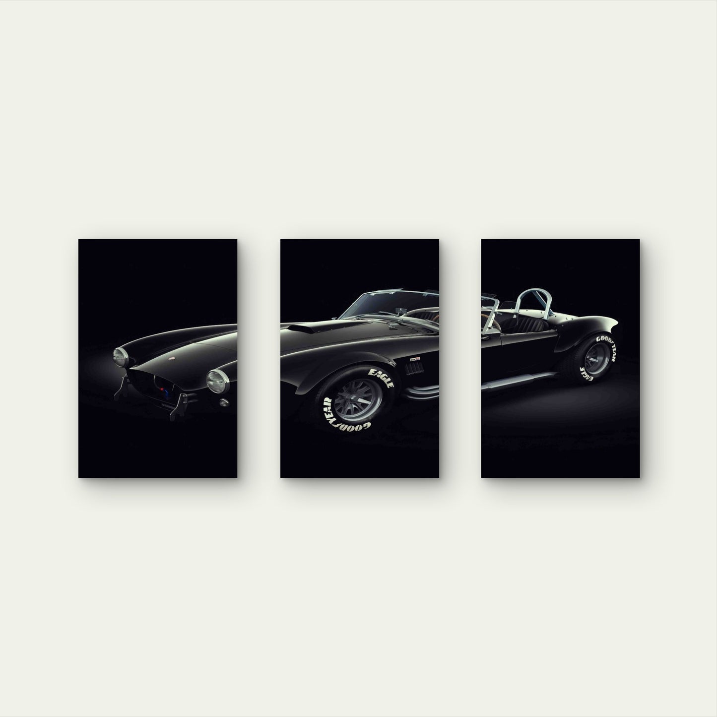 3pcs Classic Black Retro Roadster Sports Car Metal Print Ready to Hang Art