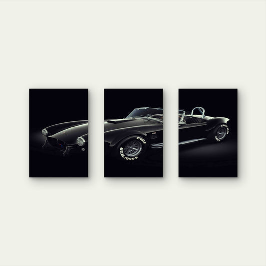 3pcs Classic Black Retro Roadster Sports Car Metal Print Ready to Hang Art