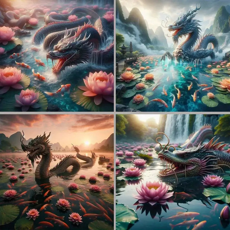 4pcs Mystical Dragon And For Lotus Pond Wall Art Canvas Framed