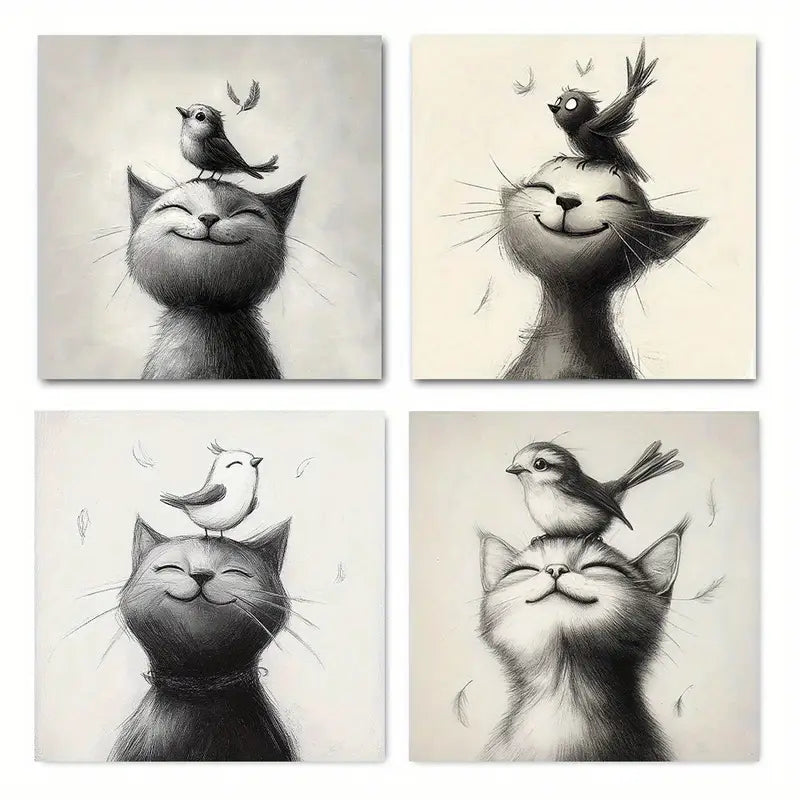 4pcs Modern Elegant Cat & Bird Wall Art Canvas Framed
