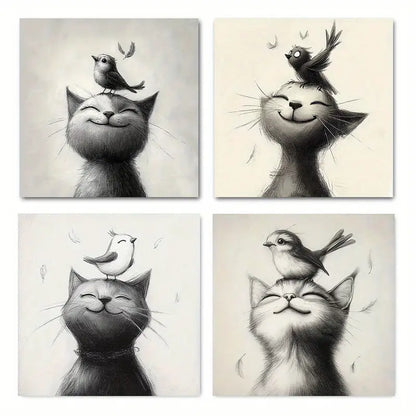4pcs Modern Elegant Cat & Bird Wall Art Canvas Framed