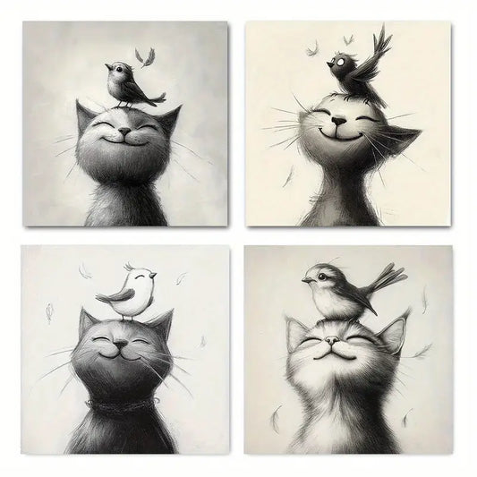 4pcs Modern Elegant Cat & Bird Wall Art Canvas Framed