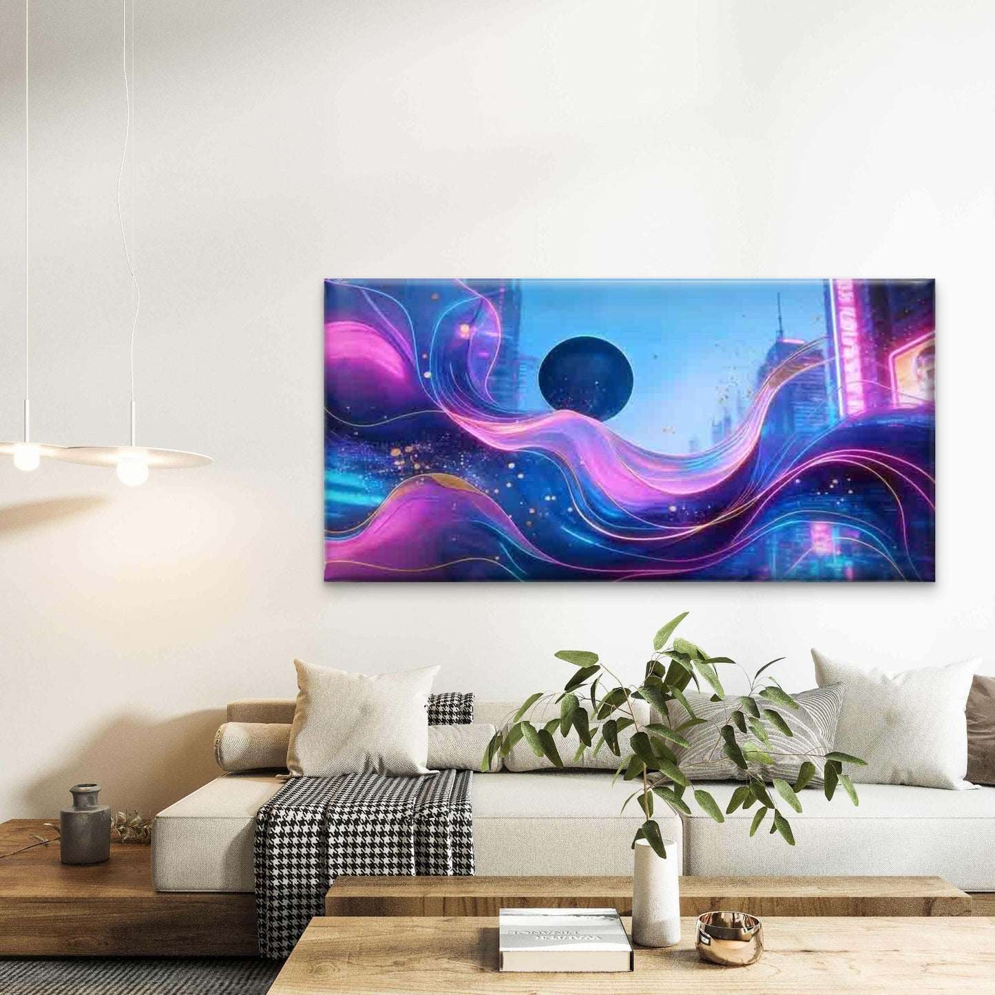 Neon Wave Futuristic City Wall Art Canvas Office Home Room Framed 120x60cm