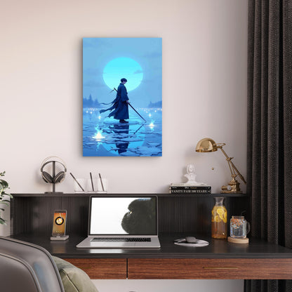 Lone Samurai Icy Lake Glowing Moon 60x90cm Metal Print Ready to Hang