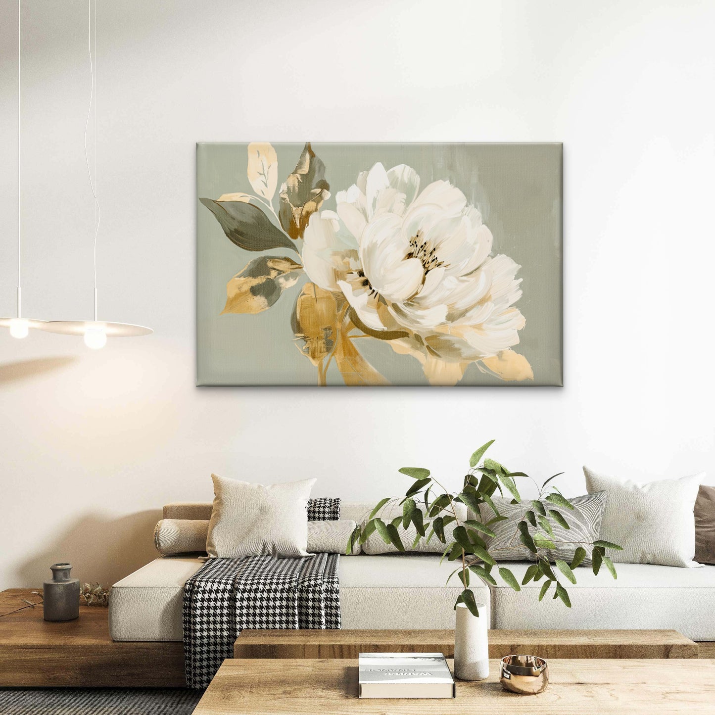 Soft Sage Green White Peony with Textured Petals Painting Wall Art Decor 100% Australian Made