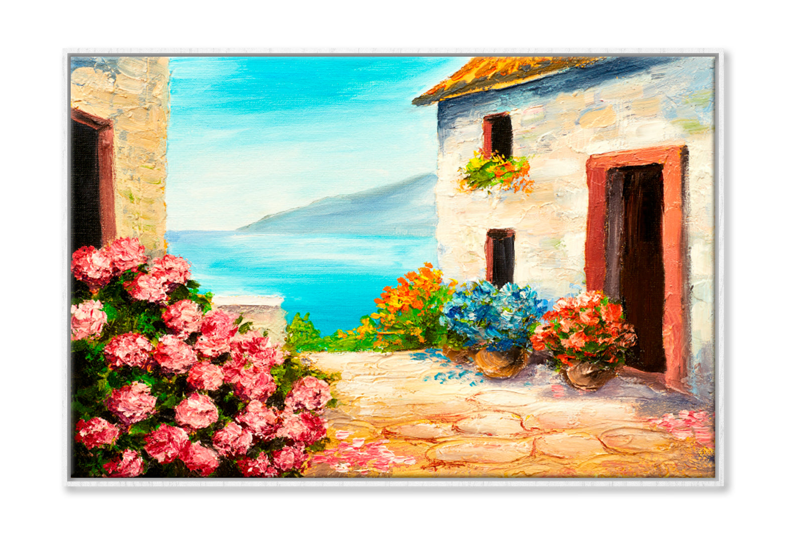 House Near The Sea, Sea Coast, Flowers Oil Painting Limited Edition High Quality Print Canvas Box Framed White