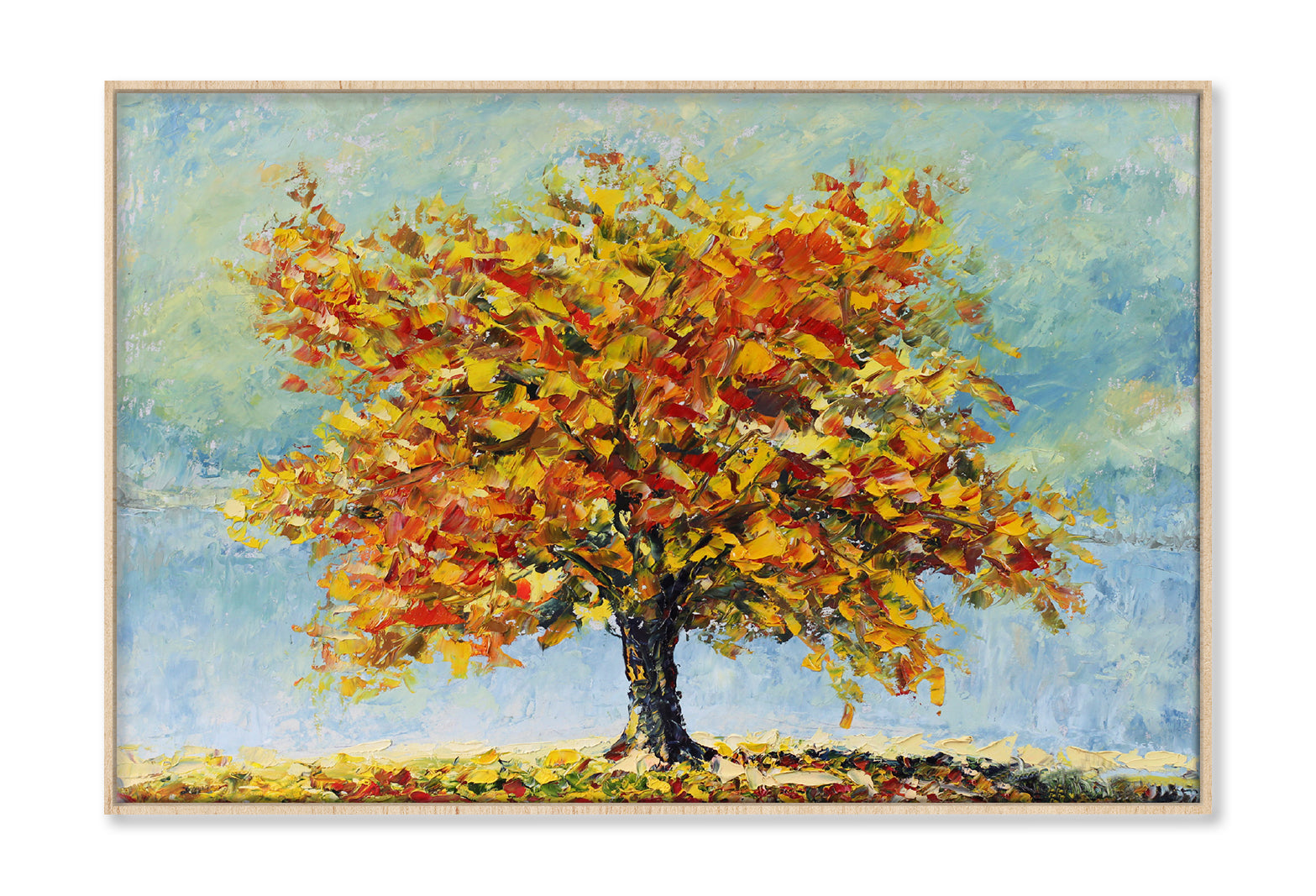 Lonely Autumn Tree with Fallen Leaves Oil Painting Wall Art Limited Edition High Quality Print Canvas Box Framed Natural