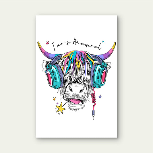 Magical Cow Pink Headphones Graphic 40x60cm Metal Print Ready to Hang