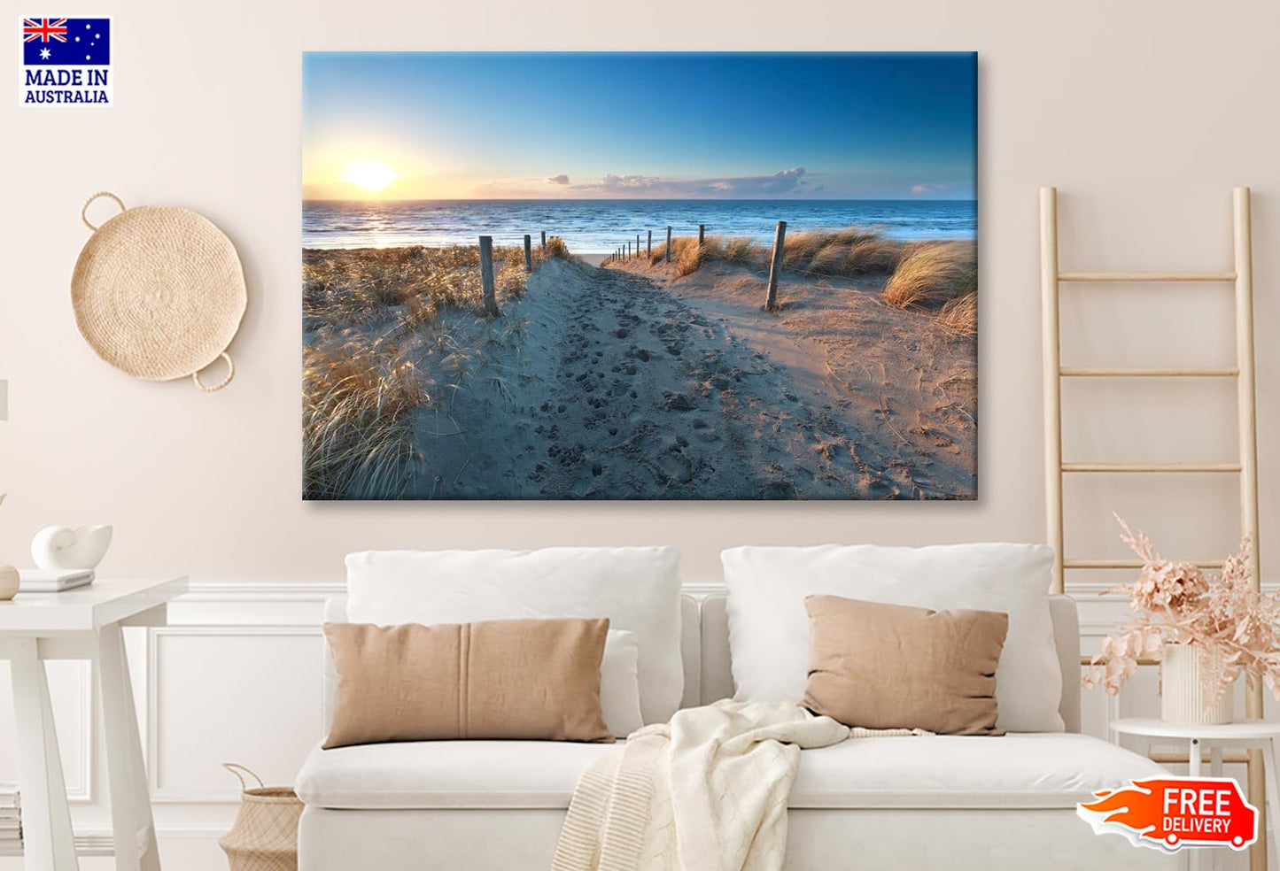 Path On Sand to Ocean Beach at Sunset, Netherlands Wall Art Decor 100% Australian Made - Bella Home Decor