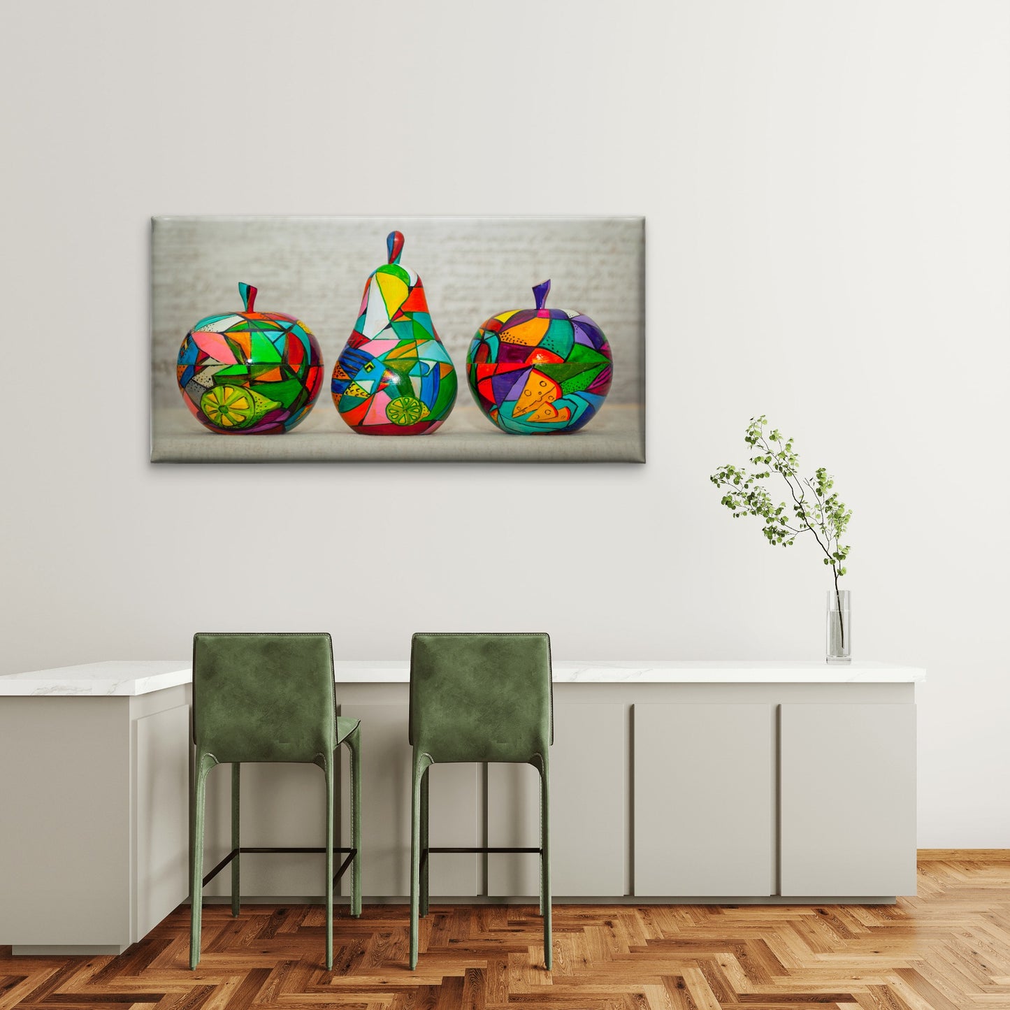 Folk Painted Wood Pear Apple Wall Art Canvas Office Home Room Framed 120x60cm