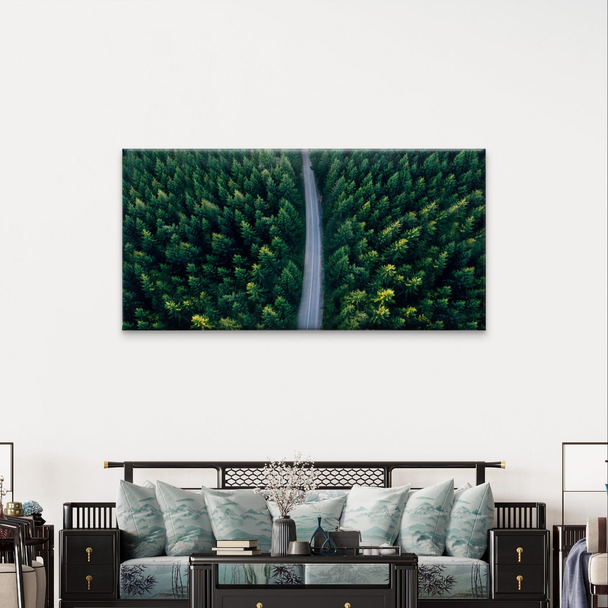 Green Pine Tree Forest Aerial View Highway Roadway Wall Art Canvas Office Home Framed 120x60cm
