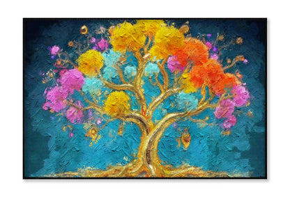 Painting of Golden Tree with a Colorful Flowers Wall Art Limited Edition High Quality Print