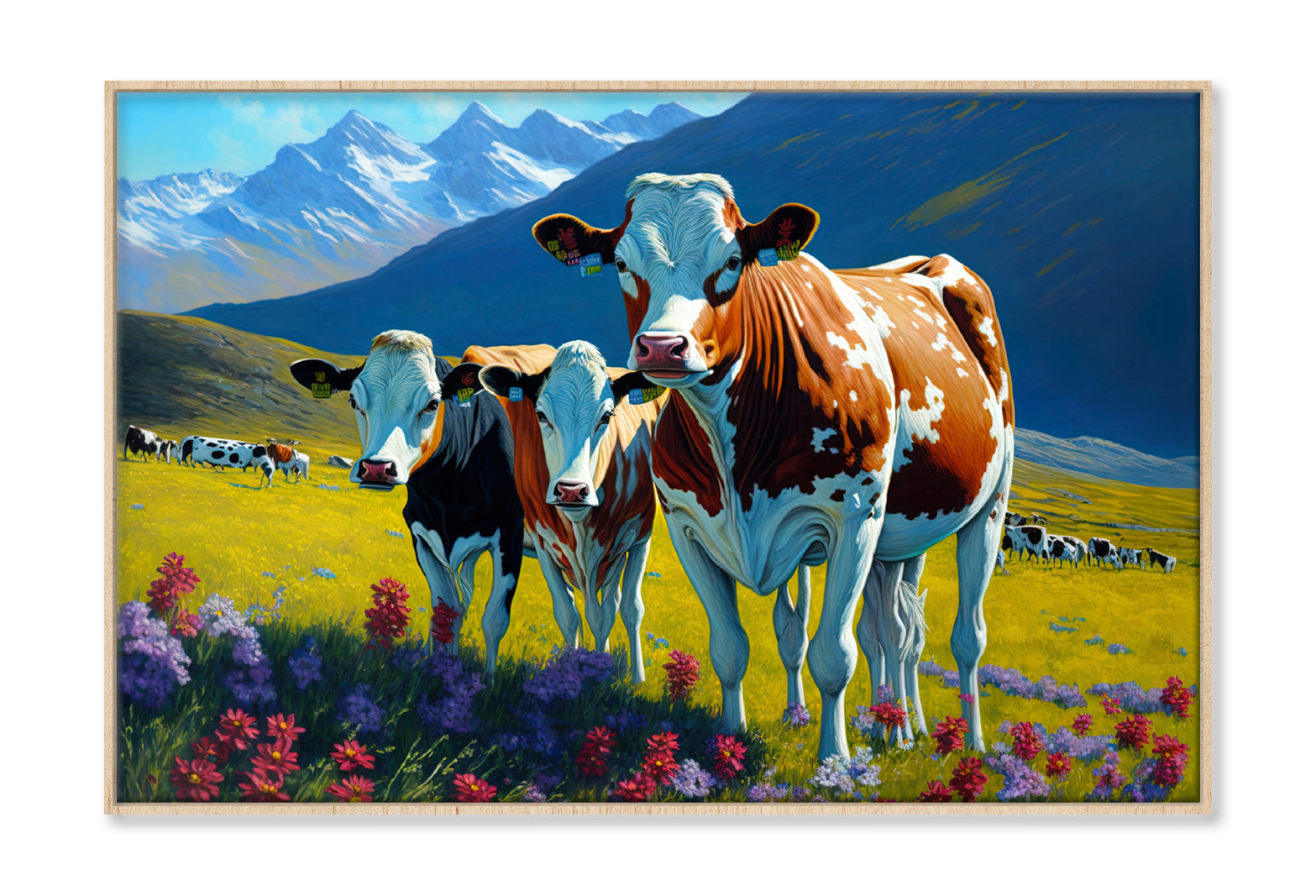 Pleasant Cows & Snow Mountain with Flowers Painting Wall Art Limited Edition High Quality Print Canvas Box Framed Natural