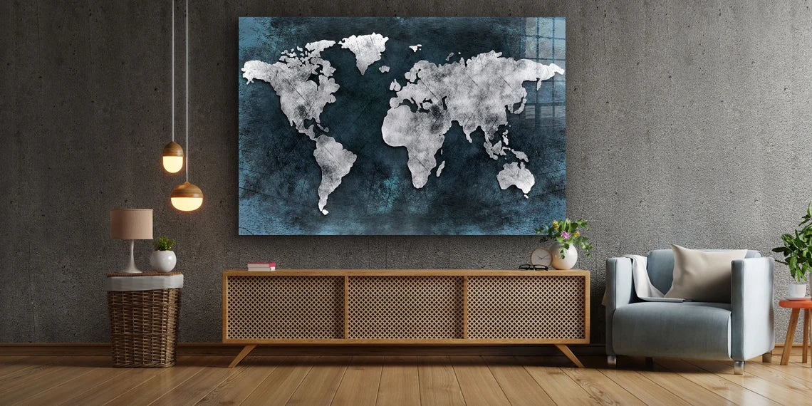 Silver World Map Vector UV Direct Aluminum Print Australian Made Quality