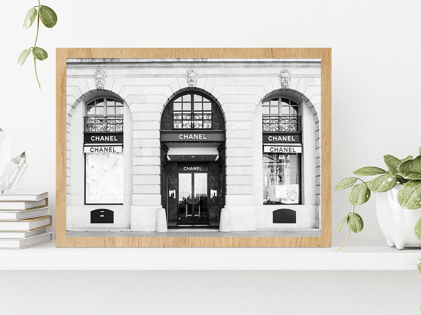 Fashion Store Front B&W Photograph Glass Framed Wall Art, Ready to Hang Quality Print Without White Border Oak