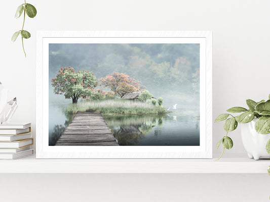 Autumn Trees & House on Lake with Wooden Pier Glass Framed Wall Art, Ready to Hang Quality Print With White Border White