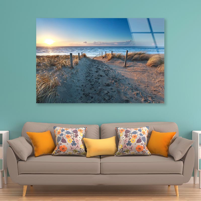 Path On Sand to Ocean Beach at Sunset, Netherlands Acrylic Glass Print Tempered Glass Wall Art 100% Made in Australia Ready to Hang