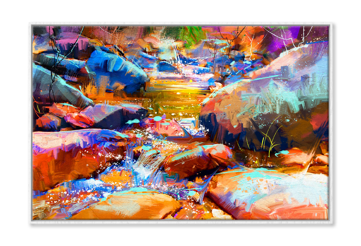 Beautiful Waterfall With Colorful Stones In Autumn Forest Oil Painting Wall Art Limited Edition High Quality Print Canvas Box Framed White