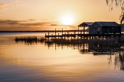 Rustic Pier Lake Boathouse Sunrise Wall Art Decor 100% Australian Made - Bella Home Decor