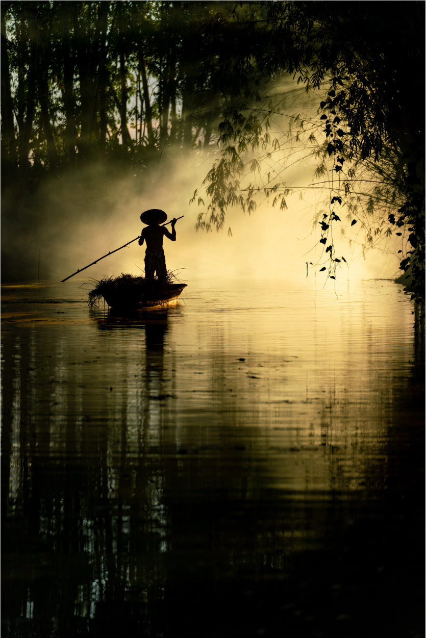 Silhouette Fisherman on River at Sunrise 60x90cm Metal Print Ready to Hang