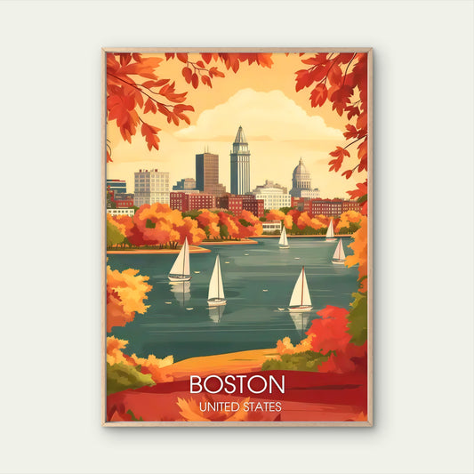 Boston United States Autumn Harbour Cityscape with Sailboats Travel Poster Print Wall Art