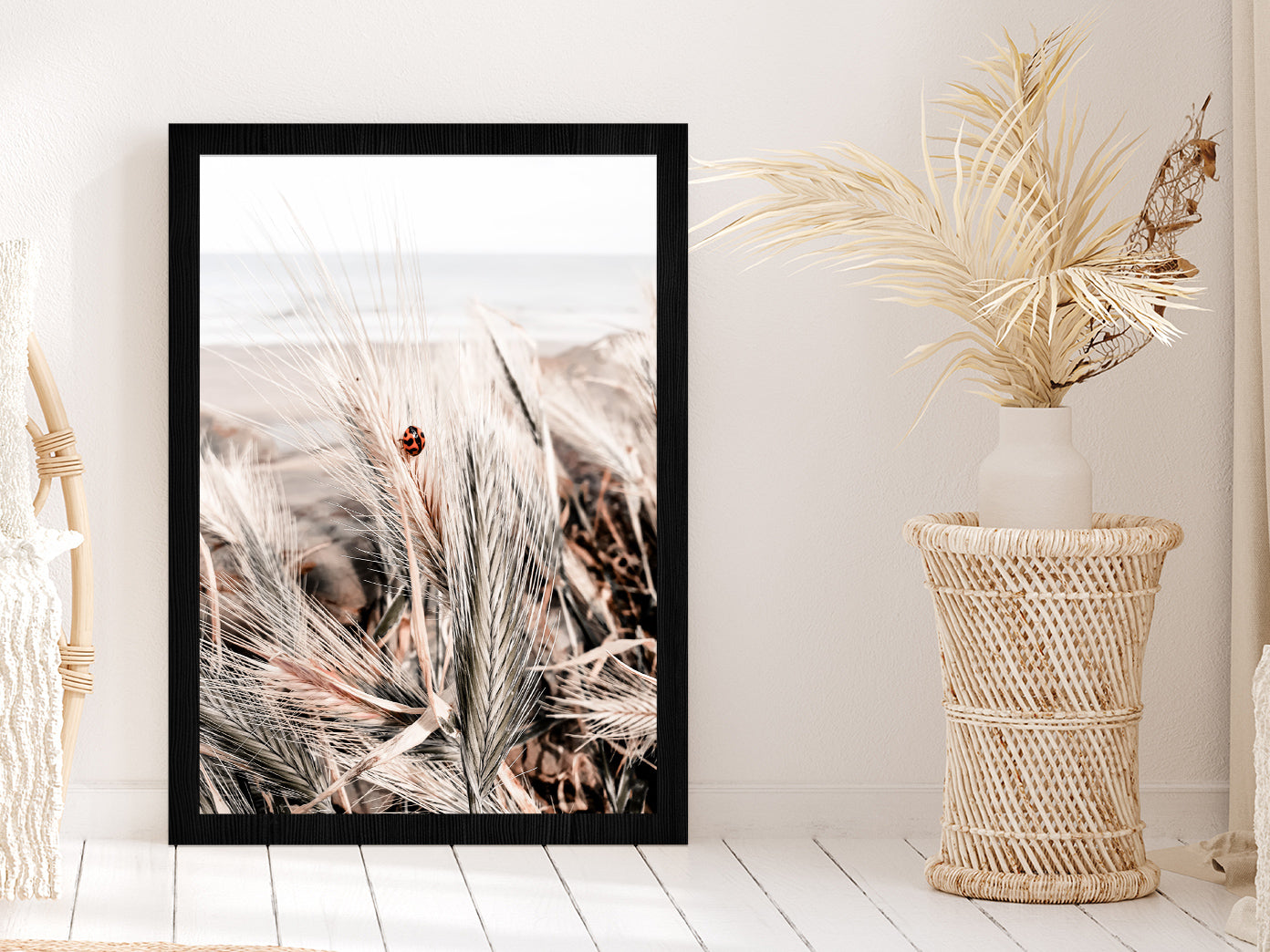 Ladybug on Sea Plants Closeup Photograph Glass Framed Wall Art, Ready to Hang Quality Print Without White Border Black