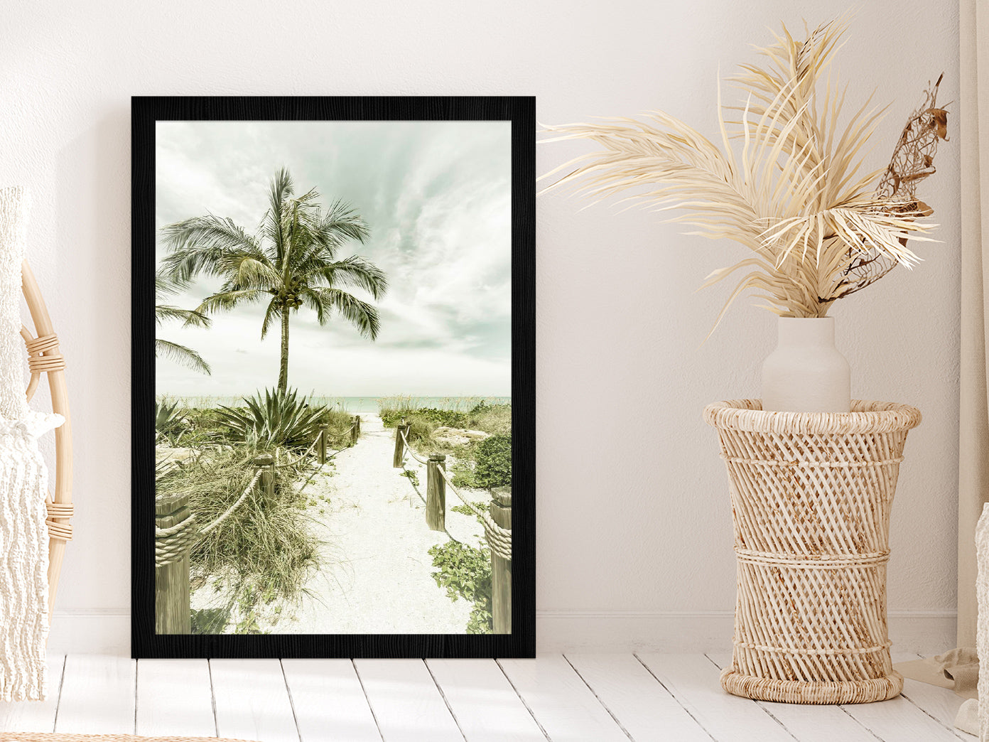 Palm Tree & Sea Path View Photograph Glass Framed Wall Art, Ready to Hang Quality Print Without White Border Black