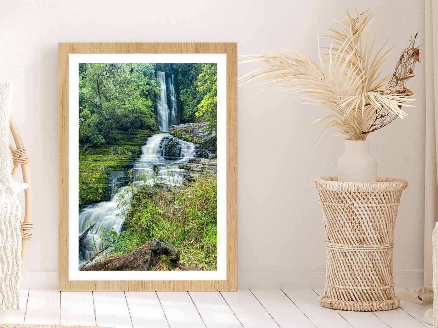 Mcleans Falls In The Forest Glass Framed Wall Art, Ready to Hang Quality Print With White Border Oak