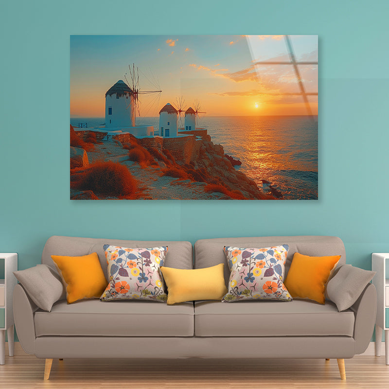 Buildings on a Rocky Shore, Sky In Greece Acrylic Glass Print Tempered Glass Wall Art 100% Made in Australia Ready to Hang - Bella Home Decor