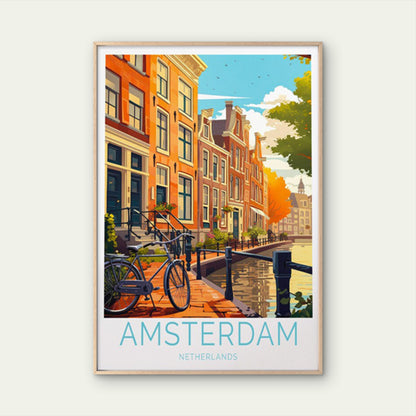 Amsterdam Netherlands, Canal and Bicycle Travel Poster Print Wall Art